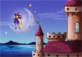 A witch with a broomstick standing near the castle vector