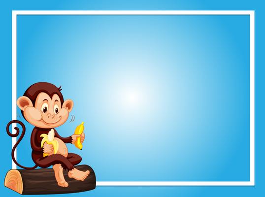 Blue background template with monkey eating banana