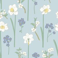 Floral seamless pattern. Daffodils, forget me not flowers and sakura. Vector illustration
