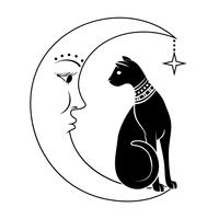 El gato en la luna. Ilustracion vectorial Se puede usar como tatuaje, diseño boho, diseño halloween. vector