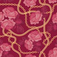 Seamless pattern background with golden chains and pink roses. On purple pink . Vector illustration