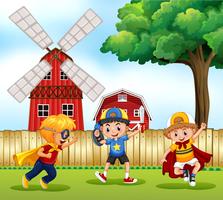 Three boys playing hero in the park vector