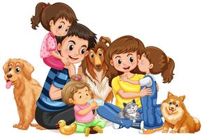 Familia feliz con cuatro niños y mascotas. vector