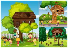 Childern playing in the treehouse vector