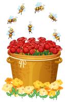 A basket of red roses with bees vector