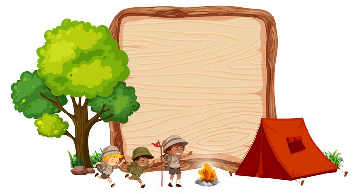 Camping kids on wooden banner