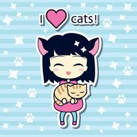 Cute girl holding small cat vector