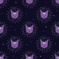 Violet cat face with moon on night sky pattern background. Cute magic, occult design. vector