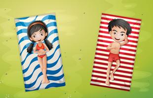 Boy and girl relaxing on towel aerial view vector