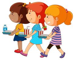 Three girls holding tray of food vector