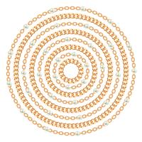 Round pattern made with golden chains and pearls. On white. Vector illustration