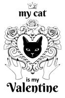 Valentine card concept. Black cat facein ornamental vintage heart shaped frame with hands and text. vector