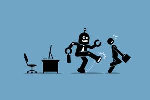 Robot employee kicks away a human worker from doing his computer job at office. vector