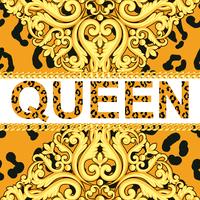 Yellow ornamental element on animal leopard texture with chains and text queen. Vector illustration