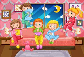 Five girls having slumber party at night vector