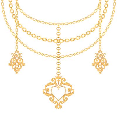 Background with chains golden metallic necklace and pendant with heart. On white