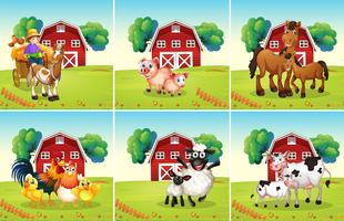 Seis escenas con animales en la granja. vector