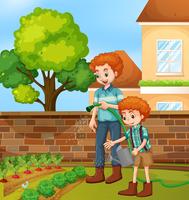 Father and son gardening vector