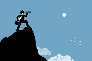 Businessman looking through a telescope on a high mountain ground. vector