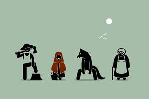 Red Riding Hood, Wolf, Lumberjack, and Grandmother Characters in Stick Figure Pictogram. vector