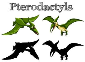 Pterodactyls in green and silhouette vector