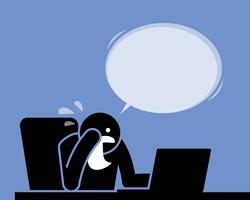 Man crying, weeping, and sobbing with a handkerchief while using the computer. vector