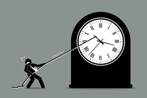 Businessman trying to stop the clock from moving. vector