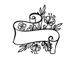 Marco vintage con cinta y lugar para el texto con flores tropicales y hojas sobre fondo blanco, vector dibujado a mano ilustración para tarjeta de felicitación o boda, día de fiesta de la bandera, tatuaje, impresión