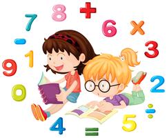 Dos niñas leyendo un libro de matemáticas vector