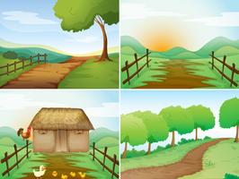 Cuatro escenas de campo con cabaña y senderos. vector