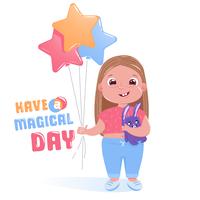 Little cute girl celebrates happy birthday party with toy bunny and colorful balloons. Have a magical day card. cartoon illustration vector