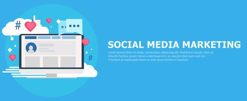Social media marketing banner. Computer with likes, cloud, comment, hashtags. Vector flat illustration