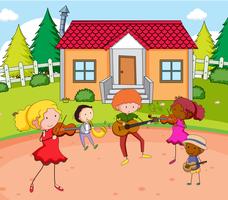 Doodle musician practise infront of house vector