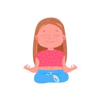 Cute baby girl is doing yoga outdoor on grass with friends animal rabbit and bird. Sport healthy life. Basic most popular asana. Vector cartoon illustration