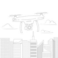 Flying drone with a camera in the sky among the clouds. Line flat vector illustration