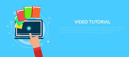 Video tutorial banner. Hand pressing a computer. Vector flat illustration