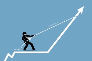 Businessman pulling arrow graph chart up with a rope. vector