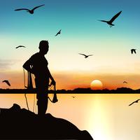 Silhouette of man waiting to catch the fish in twilight. vector