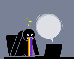 Man is amazed and puking out rainbow saliva by the content he sees from his computer screen. vector