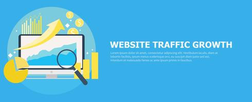 Website traffic growth banner. Computer with diagrams, growth charts. Magnifying glass. Vector flat illustration