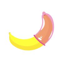 El condón sobre el plátano. Anticoncepción, bandera de la educación sexual. Vector ilustración plana