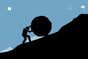 A strong man pushing a big rock up the hill to reach the goal on top. vector