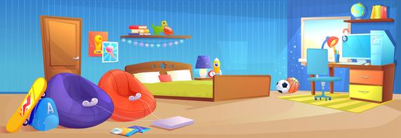 Teenager boy room interior design banner. With bed, workplace with desk and pc computer, shelves, and toys and skateboard. Vector cartoon illustration