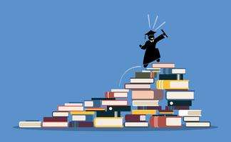 Happy graduating student climbing to the top of book piles. vector