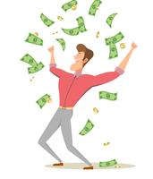 A cartoon man standing under money rain banknotes and coins. vector