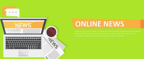 Banner online news. Computer, coffee, newspaper. Vector flat illustration