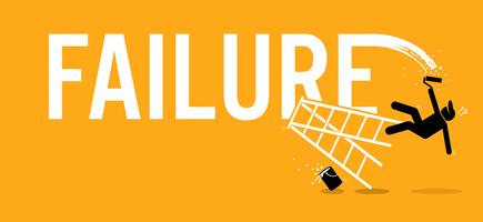 Painter painting the word failure on a wall by climbing up on a ladder but fell down miserably. vector