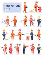 Set of firefighters doing their job vector