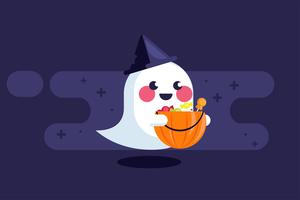 Banner with cute ghost hat and pumpkin with candies. Vector flat illustration