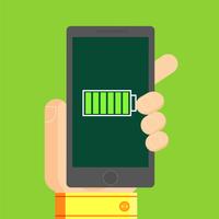 Phone in the man's hand, with power full battery. Vector flat illustration